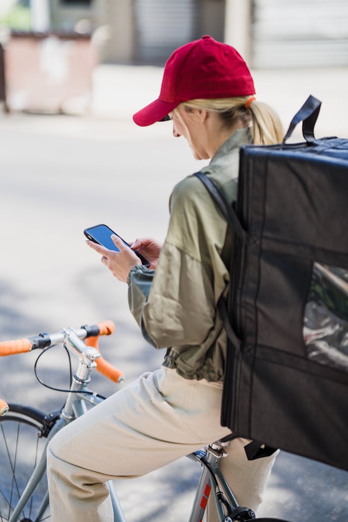 digital-01 A bicycle courier checks her phone while making a delivery in an urban setting.